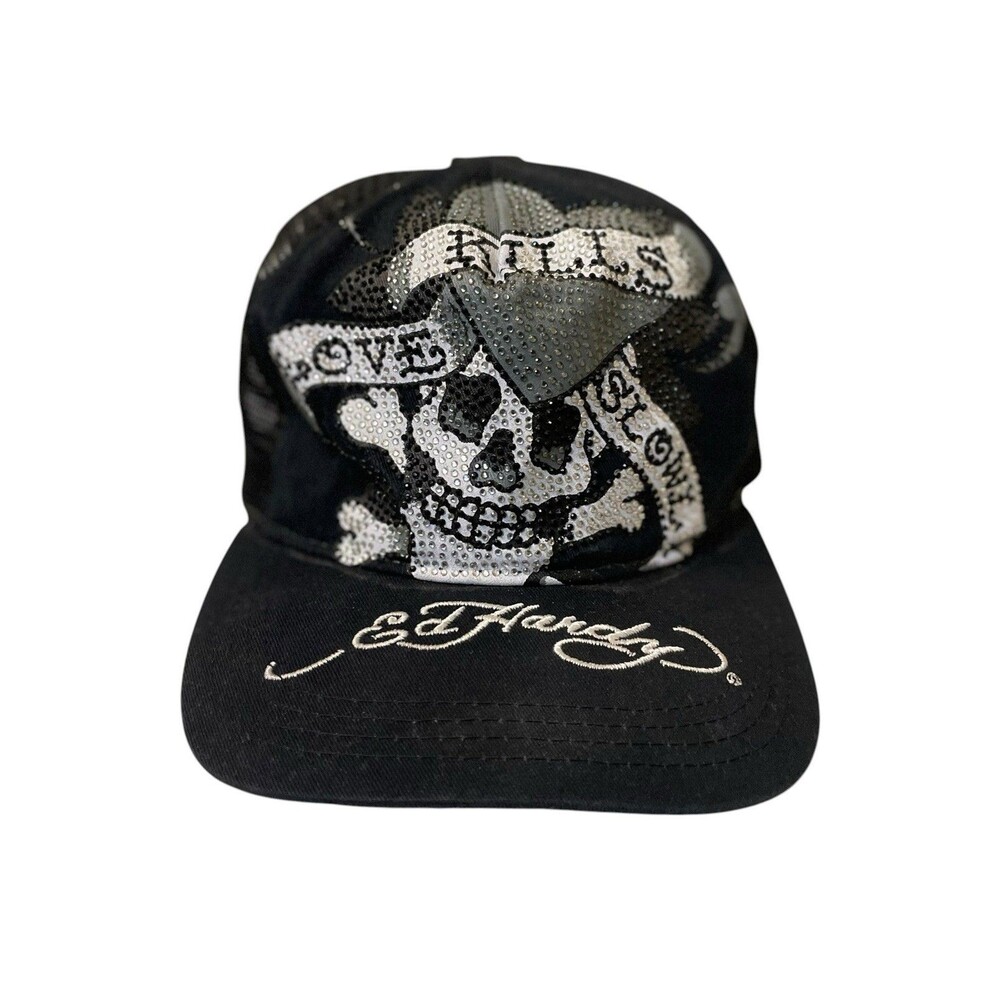 Vintage Y2K Ed Hardy Love Kills Black Rhinestone Trucker Hat Cap